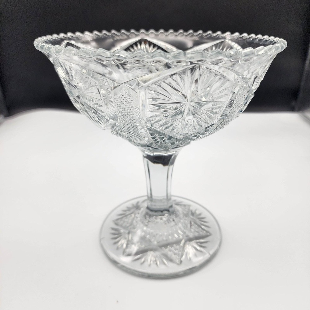 Vintage Clear Pressed Glass Pedestal Compote Candy Dish Sawtooth Starburst 6 1/2 - Picture 7 of 12